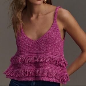 Pilcro Anthropologie Magenta Cropped Knit Fringe Tank Top